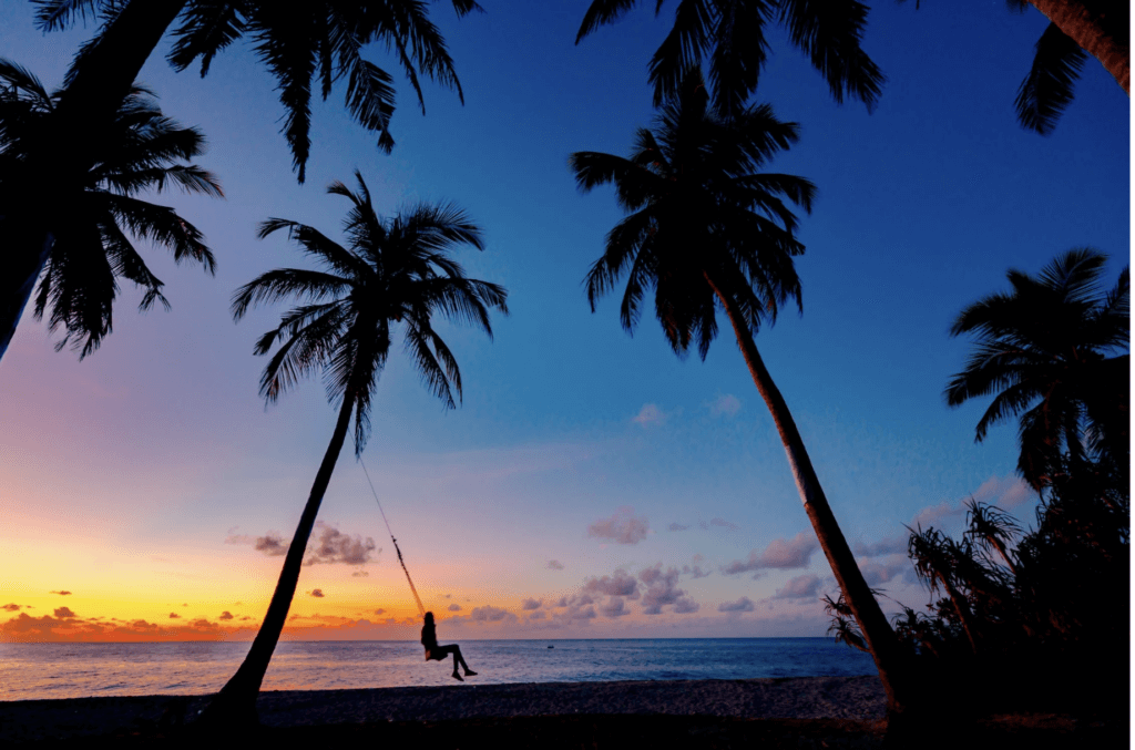 woman on a swing at the beach by sunset